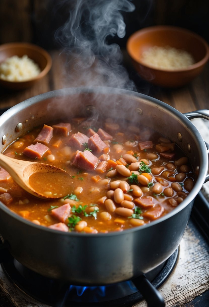 A steaming pot of ham and bean stew simmering on a rustic stove. Ingredients scattered around, with a wooden spoon resting on the edge