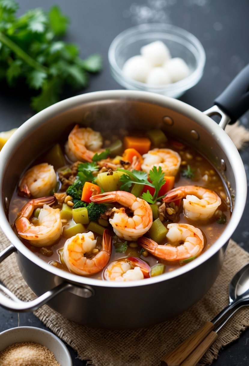 A pot of simmering shrimp étouffée with aromatic vegetables and spices