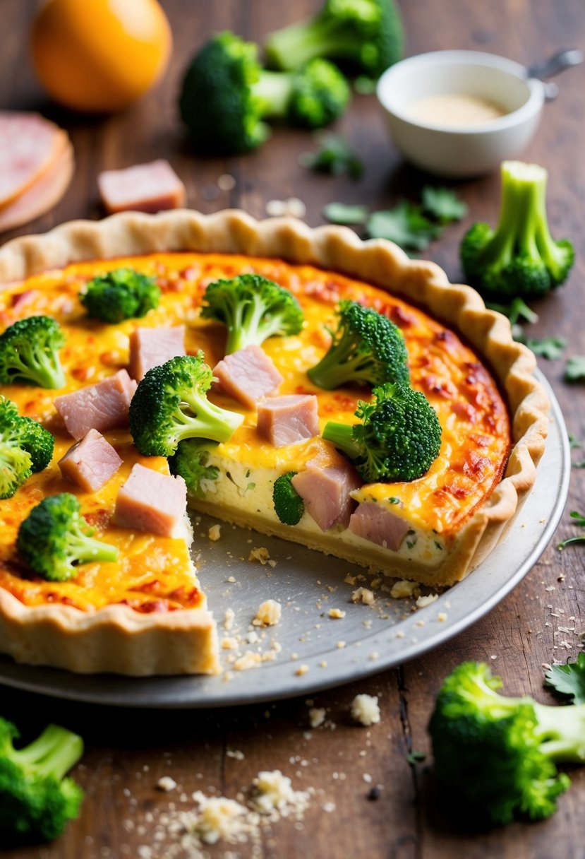 A golden-brown quiche sits on a rustic table, filled with chunks of savory ham and vibrant green broccoli, surrounded by scattered ingredients