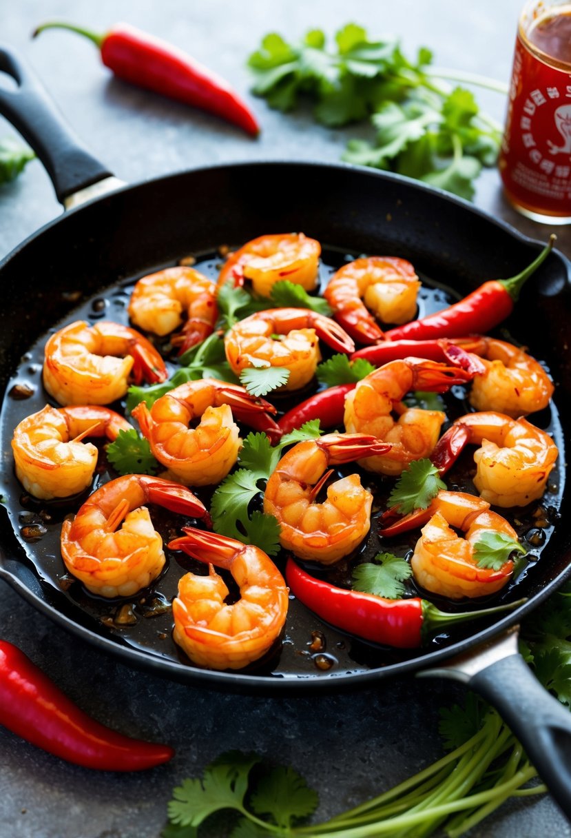 A sizzling skillet of spicy sriracha shrimp surrounded by vibrant red chili peppers and fresh cilantro