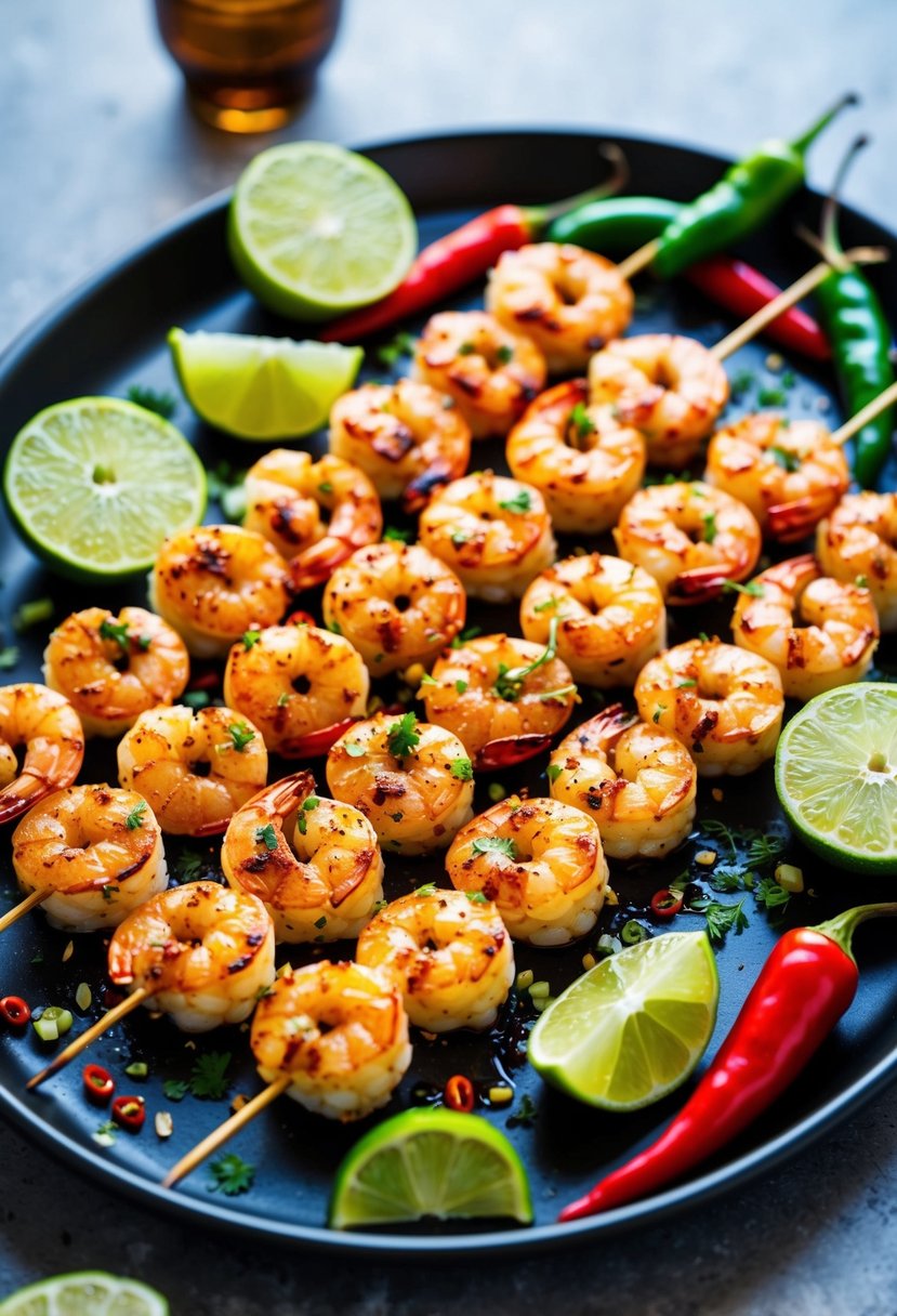 A platter of grilled shrimp skewers with chili lime seasoning, surrounded by fresh lime wedges and chili peppers