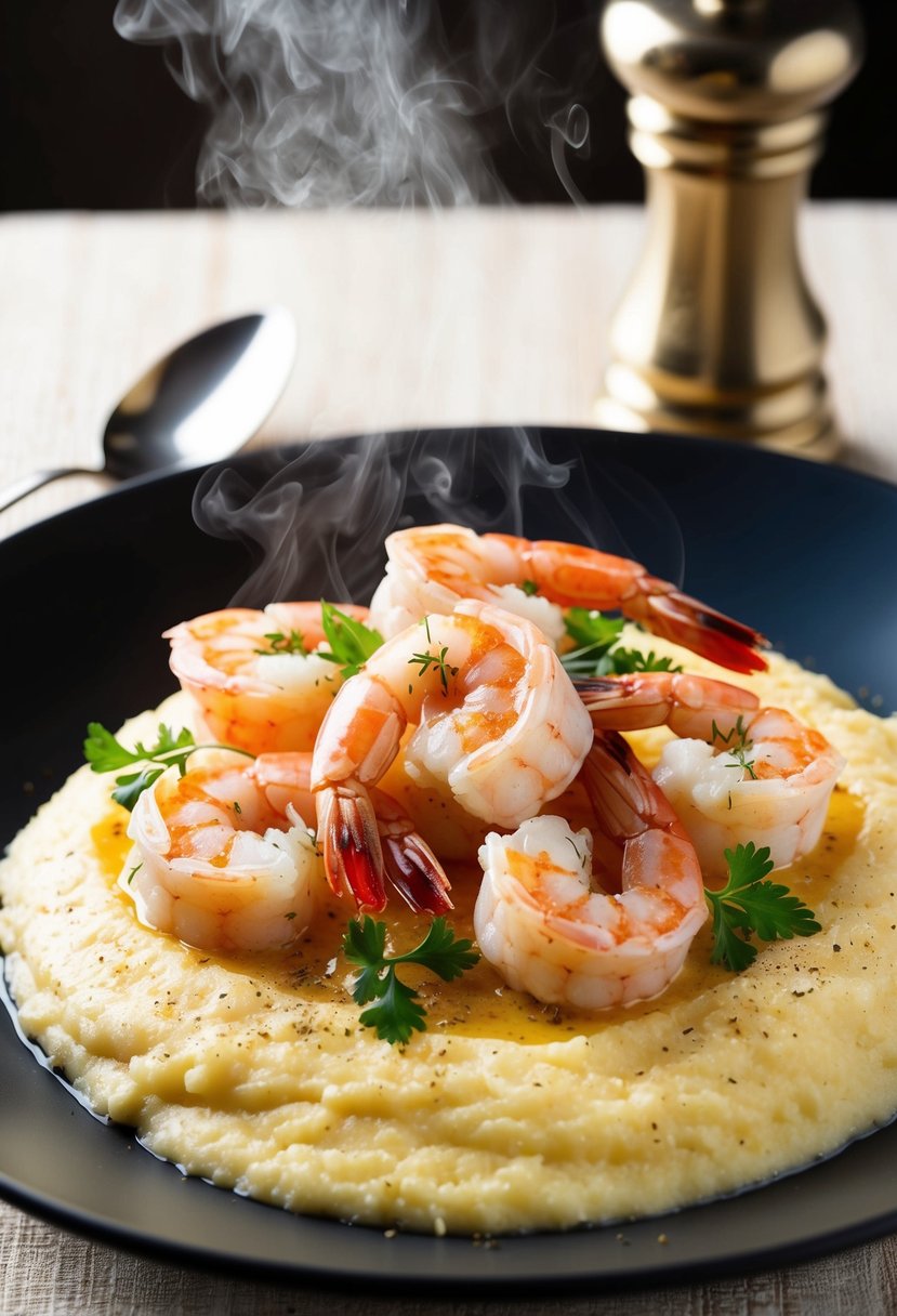 A steaming plate of shrimp and grits, with plump, pink shrimp nestled on a bed of creamy, golden grits, garnished with fresh herbs and a sprinkle of seasoning