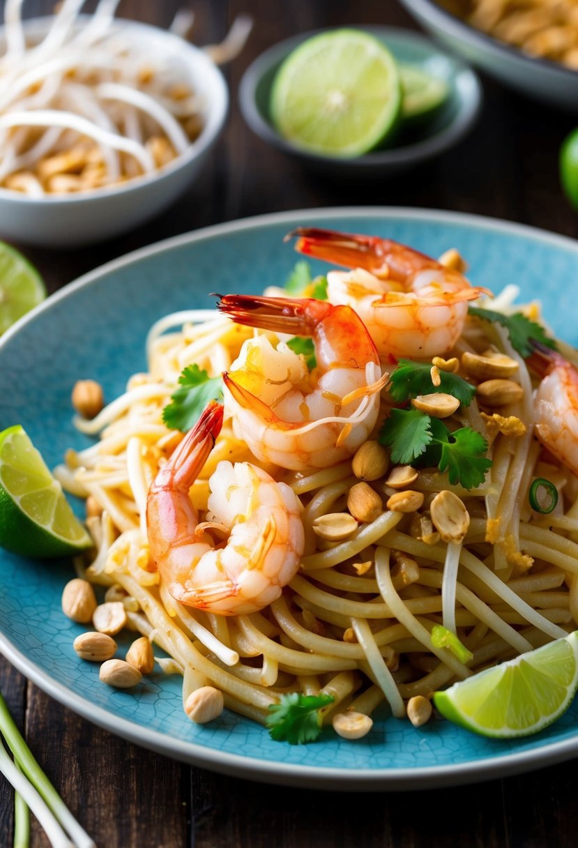 A steaming plate of Pad Thai with succulent shrimp, surrounded by vibrant ingredients like peanuts, bean sprouts, and lime wedges