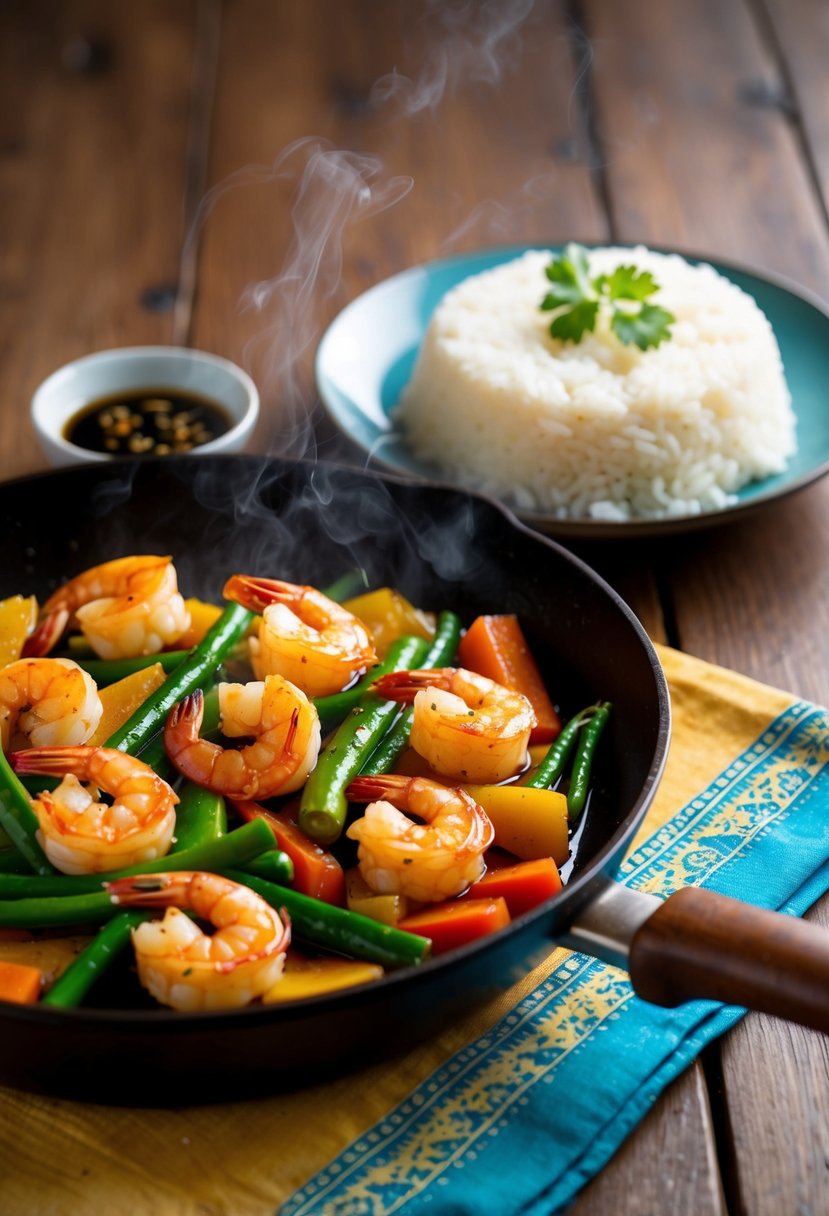 A sizzling skillet of honey garlic shrimp stir fry with colorful vegetables and steaming rice on a wooden table