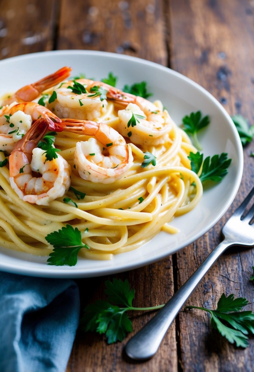 A steaming plate of creamy shrimp Alfredo pasta, garnished with fresh parsley, sits on a rustic wooden table