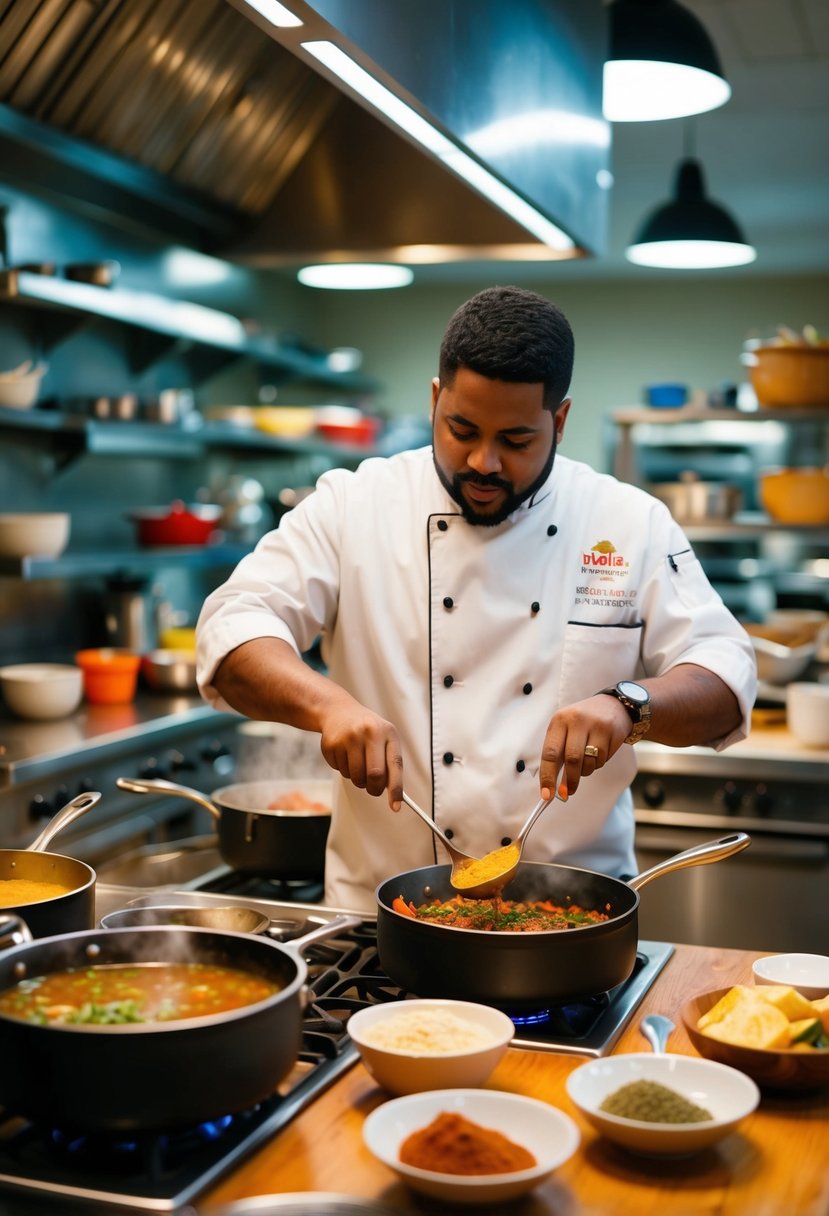 A bustling kitchen with pots simmering, spices scattered, and a chef expertly blending flavors for cajun recipes