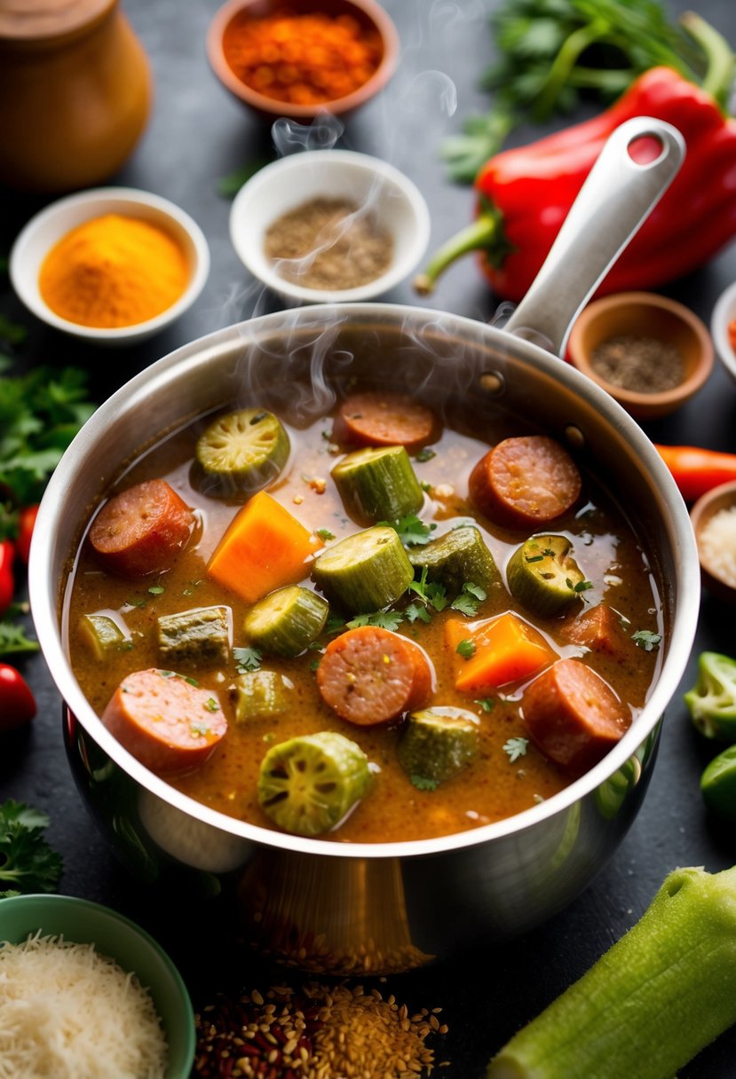 A steaming pot of gumbo filled with chunks of Andouille sausage, okra, and peppers, surrounded by a colorful array of cajun spices and herbs