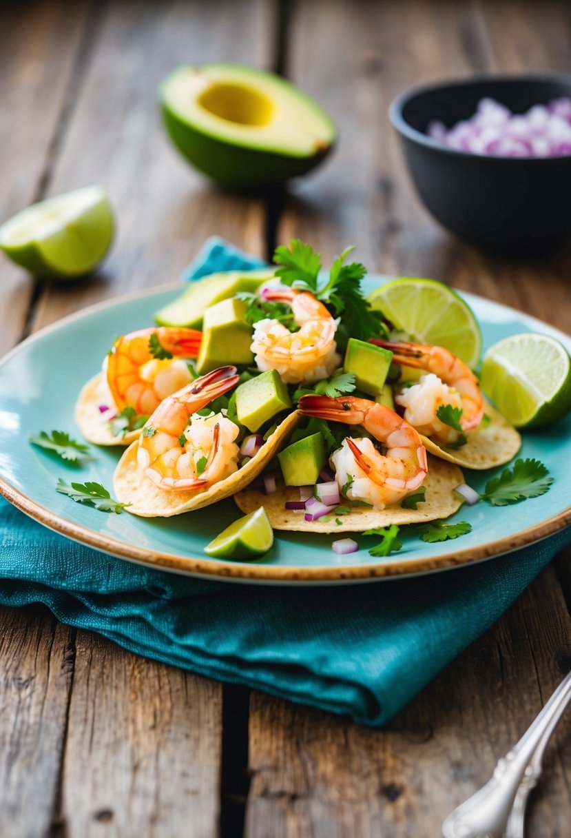 A vibrant plate of shrimp ceviche tostadas, garnished with avocado, cilantro, and lime, sits on a rustic wooden table