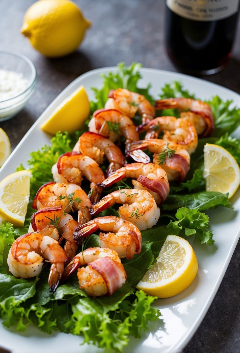 A platter of bacon-wrapped shrimp on a bed of lettuce, garnished with lemon wedges and fresh herbs