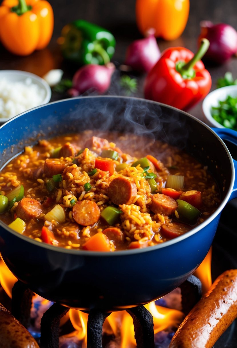 A steaming pot of classic Jambalaya simmering over an open flame, surrounded by vibrant ingredients like bell peppers, onions, and spicy Andouille sausage