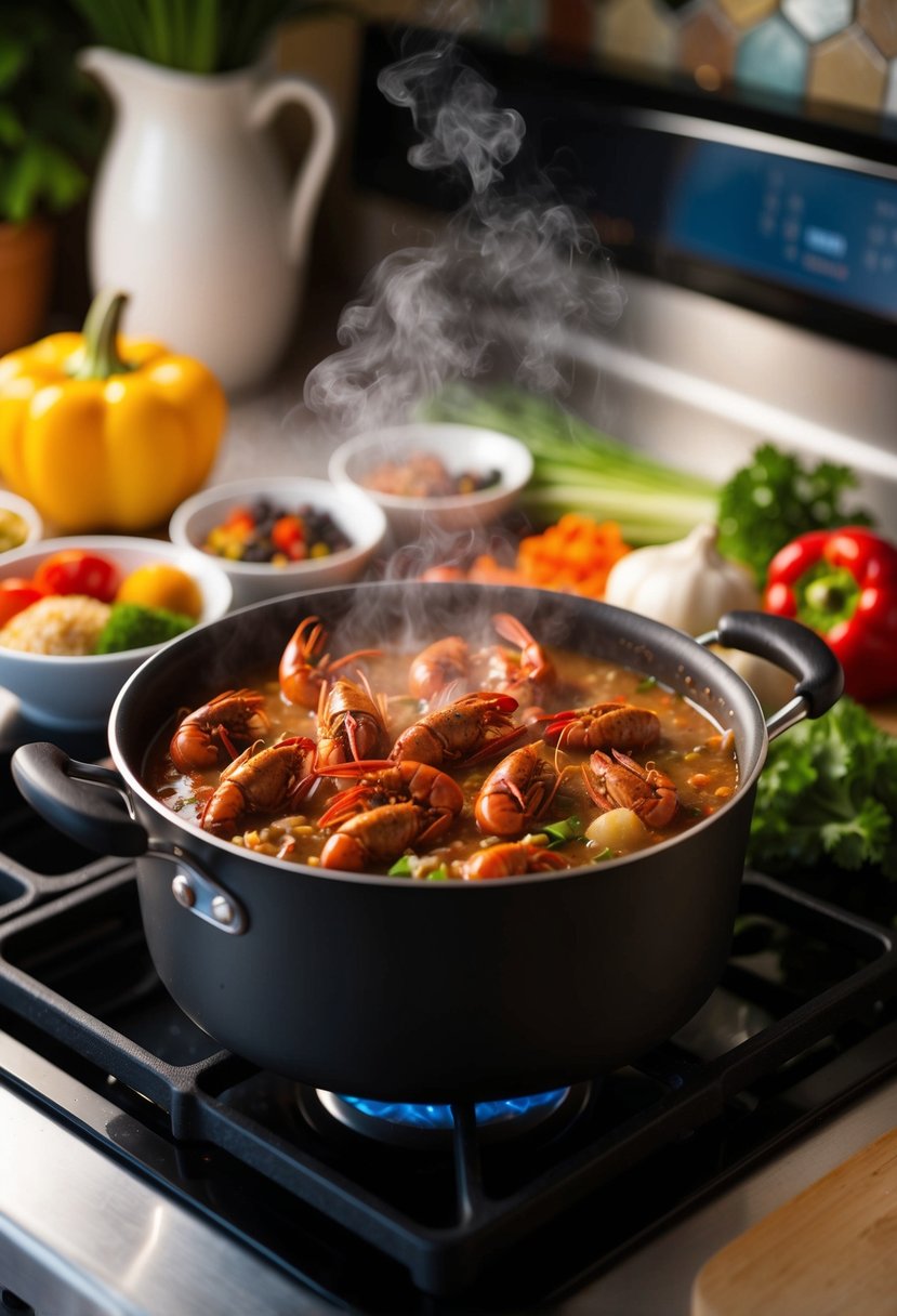 A steaming pot of Crawfish Étouffée simmers on a stovetop, surrounded by colorful spices and fresh vegetables