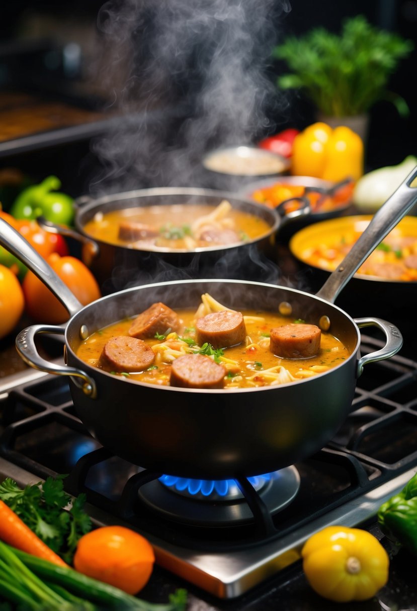 A steaming pot of Chicken and Sausage Gumbo simmering on a stovetop, surrounded by colorful vegetables and aromatic spices