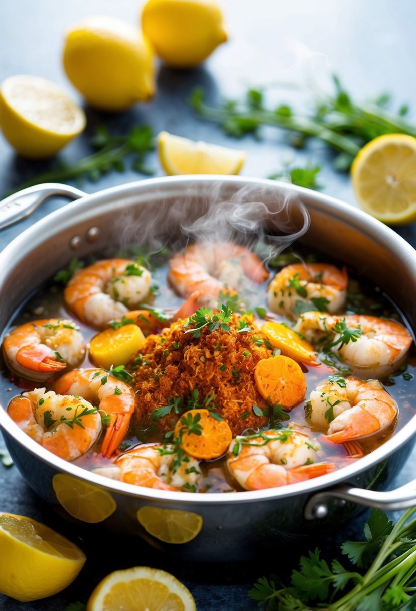 A steaming seafood boil with vibrant cajun spices, surrounded by lemon wedges and fresh herbs