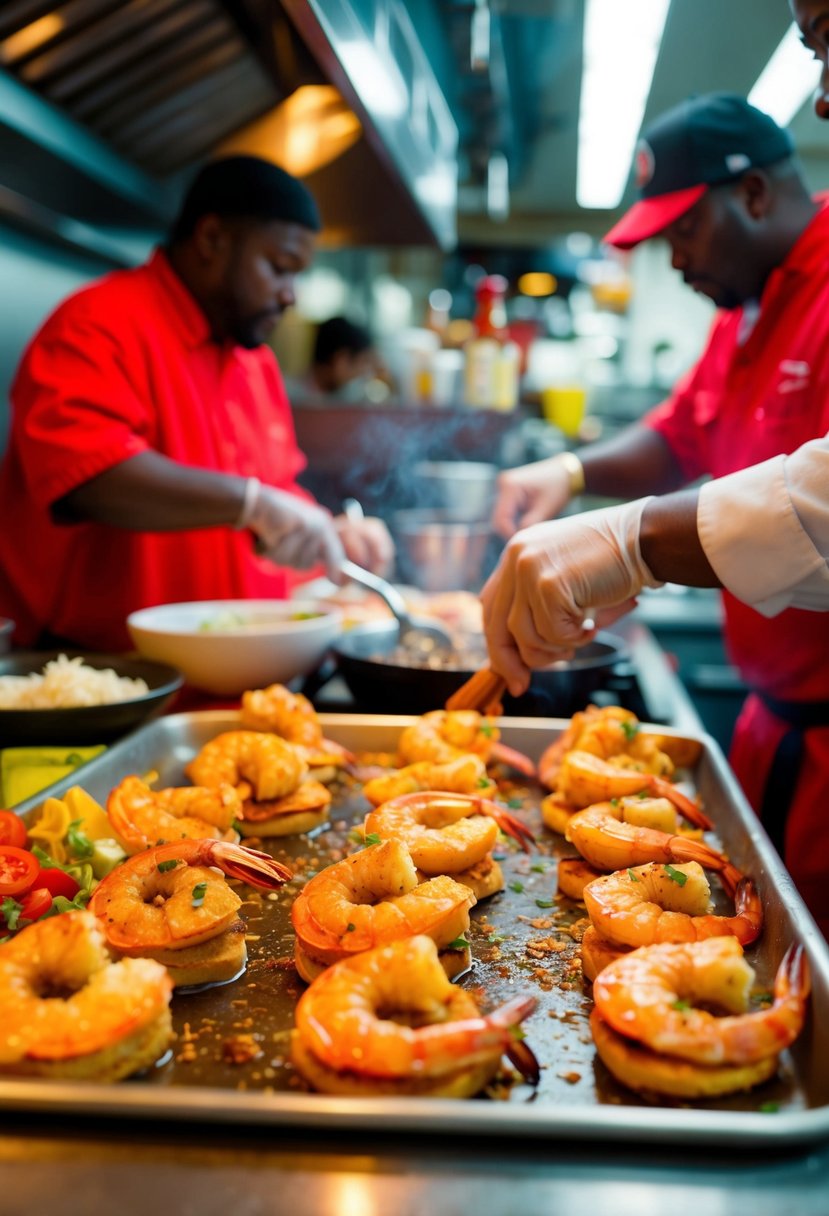 A bustling Cajun kitchen prepares shrimp po'boys with vibrant ingredients and sizzling spices