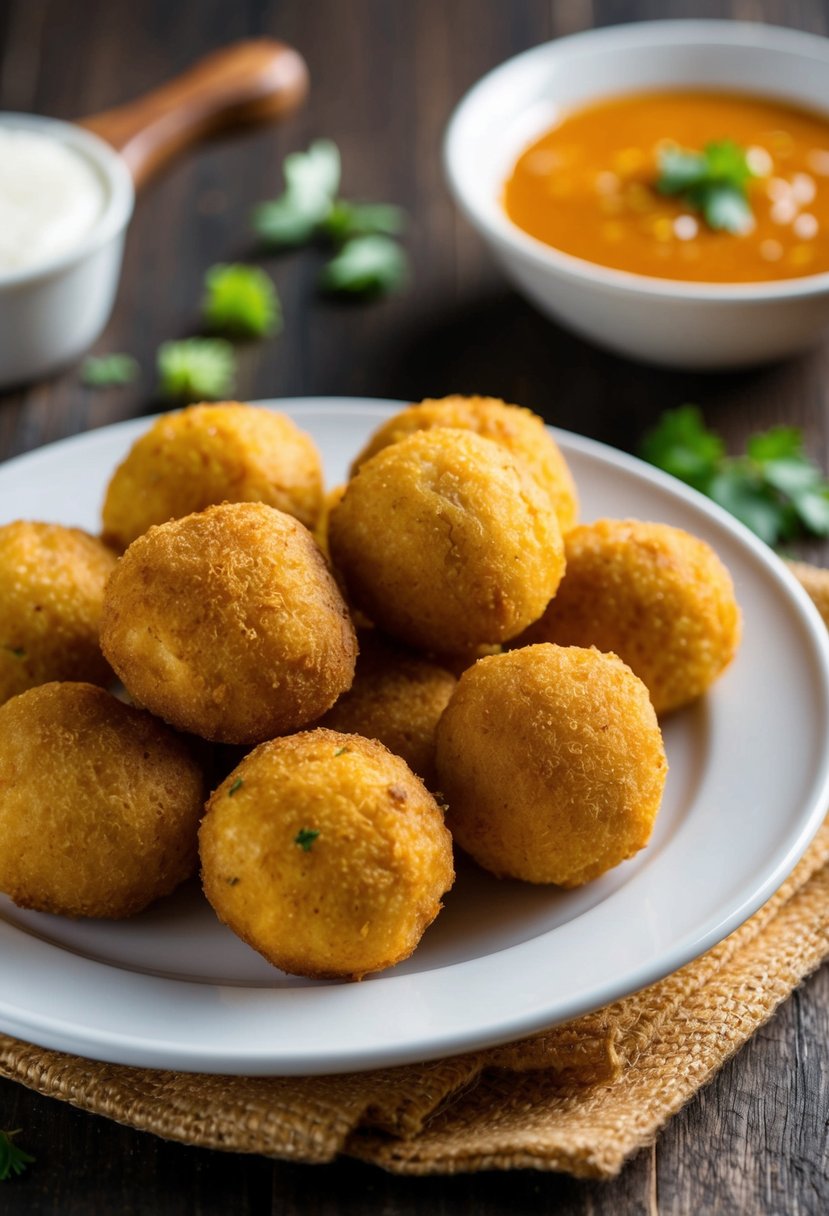 A plate of golden fried boudin balls with a side of spicy dipping sauce