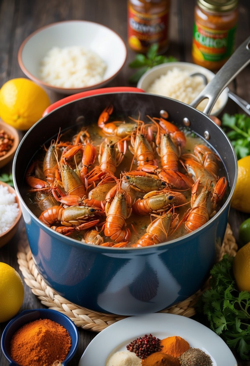 A large pot of bubbling crawfish Monica cajun recipe, surrounded by colorful spices and fresh ingredients