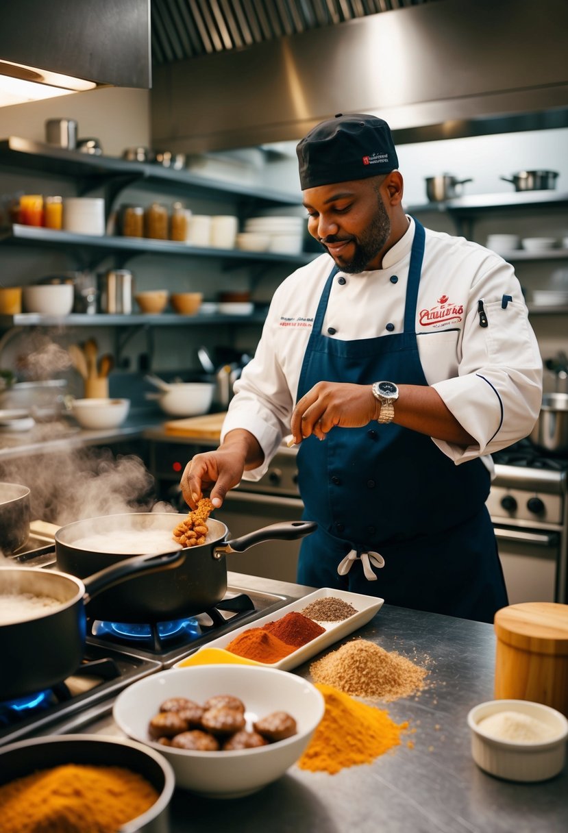 A bustling kitchen with pots bubbling, spices scattered, and a chef expertly crafting pralines with a cajun twist