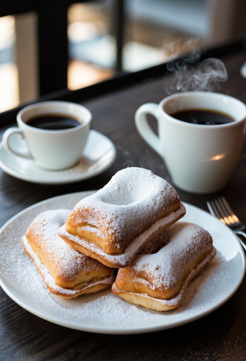 A plate of beignets covered in powdered sugar, with a cup of coffee on the side