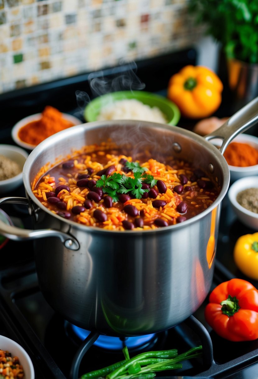 A steaming pot of red beans and rice simmering on a stovetop, surrounded by colorful spices and fresh ingredients