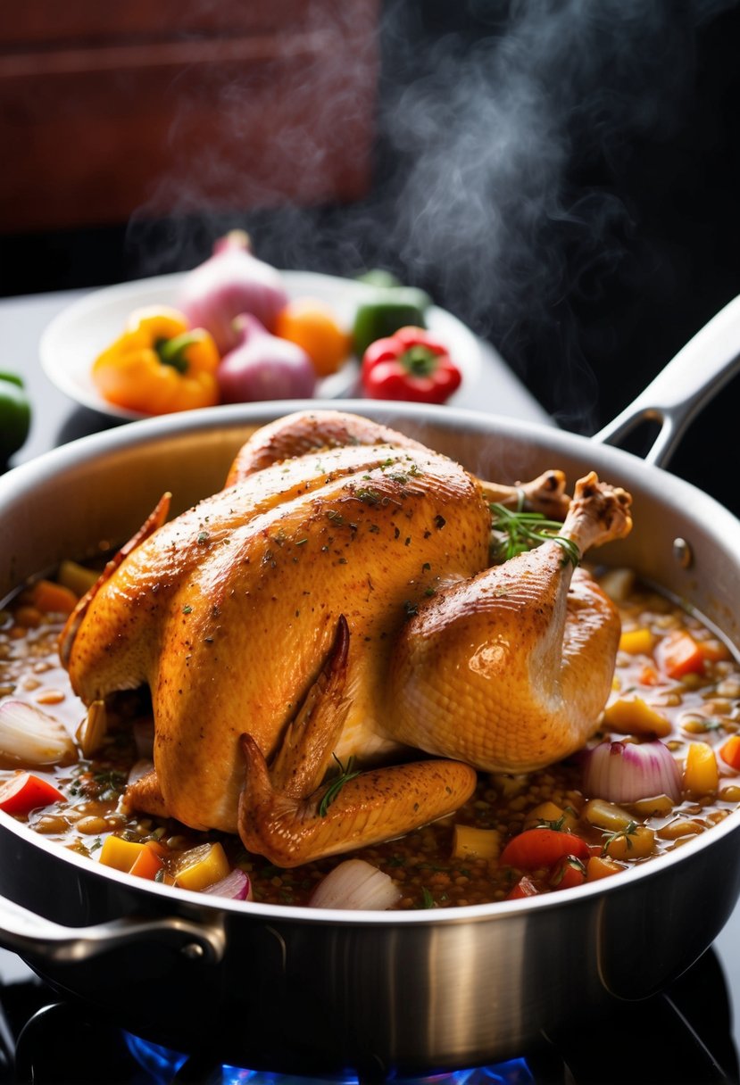 A plump, golden-brown turkey sizzling in a large pot of bubbling Cajun seasoning, surrounded by colorful peppers and onions