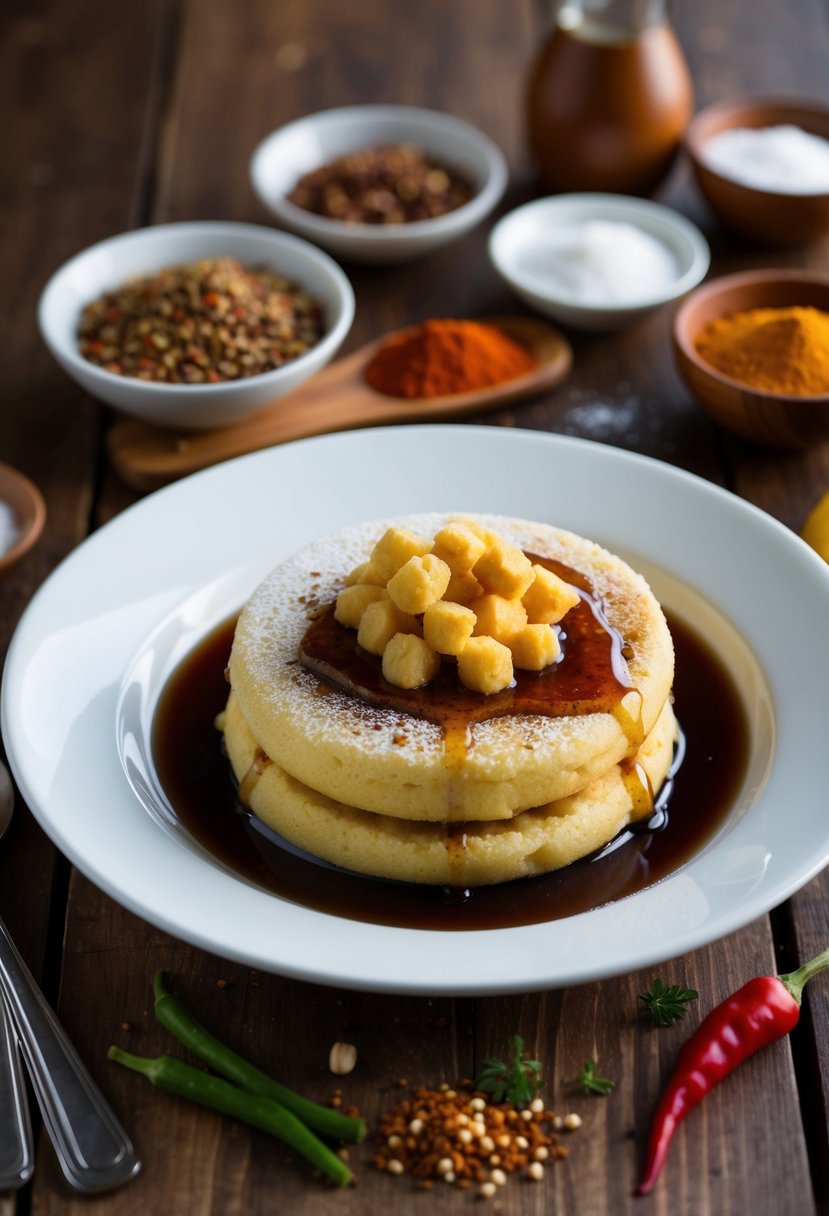 A wooden table with a plate of Cush Cush covered in syrup, surrounded by cajun spices and ingredients