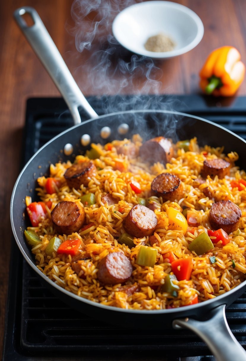 A steaming skillet of Cajun Dirty Rice sizzling with sausage, peppers, and spices