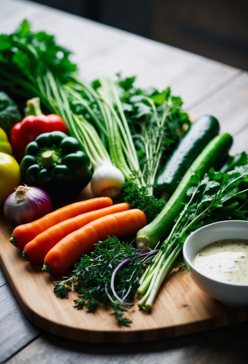 A variety of fresh vegetables and herbs arranged on a wooden cutting board, with a bowl of dressing on the side