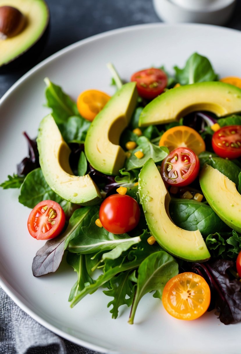 A colorful avocado salad with mixed greens, cherry tomatoes, and citrus vinaigrette arranged on a white plate