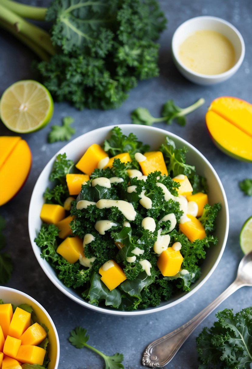 A vibrant bowl of kale and mango salad surrounded by fresh ingredients and a light vinaigrette dressing