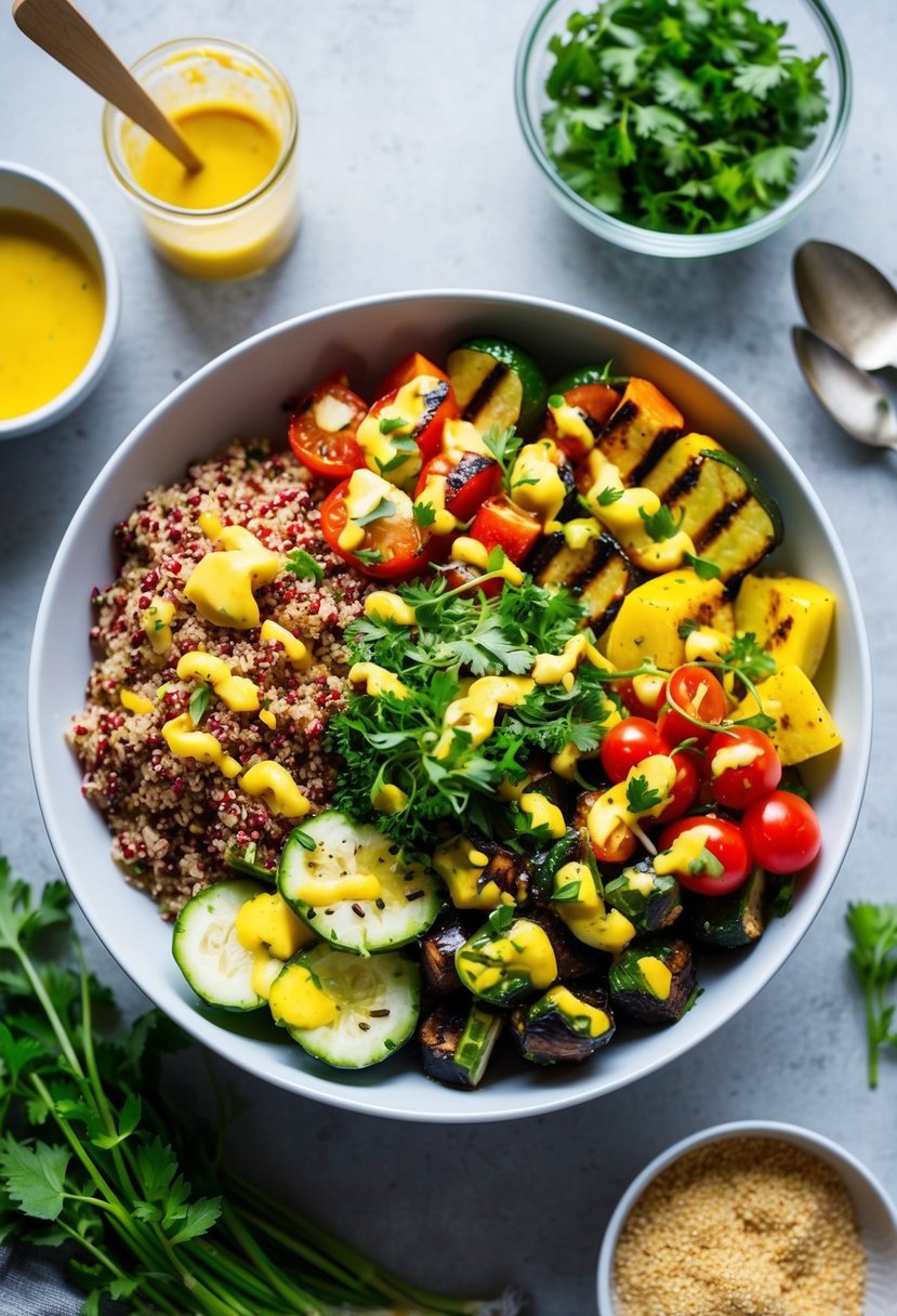 A colorful array of quinoa and grilled vegetables arranged in a bowl, garnished with fresh herbs and drizzled with a flavorful dressing