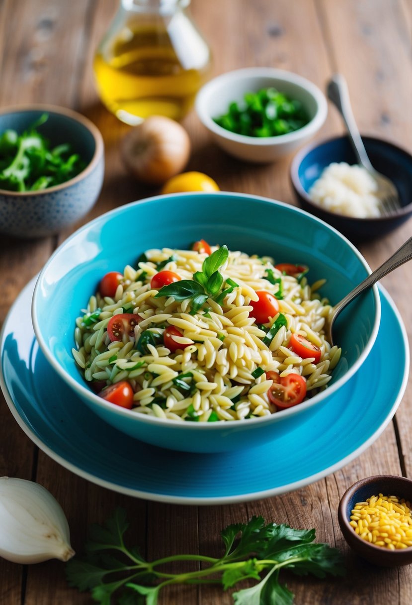 A vibrant bowl of orzo salad surrounded by fresh Mediterranean ingredients on a wooden table