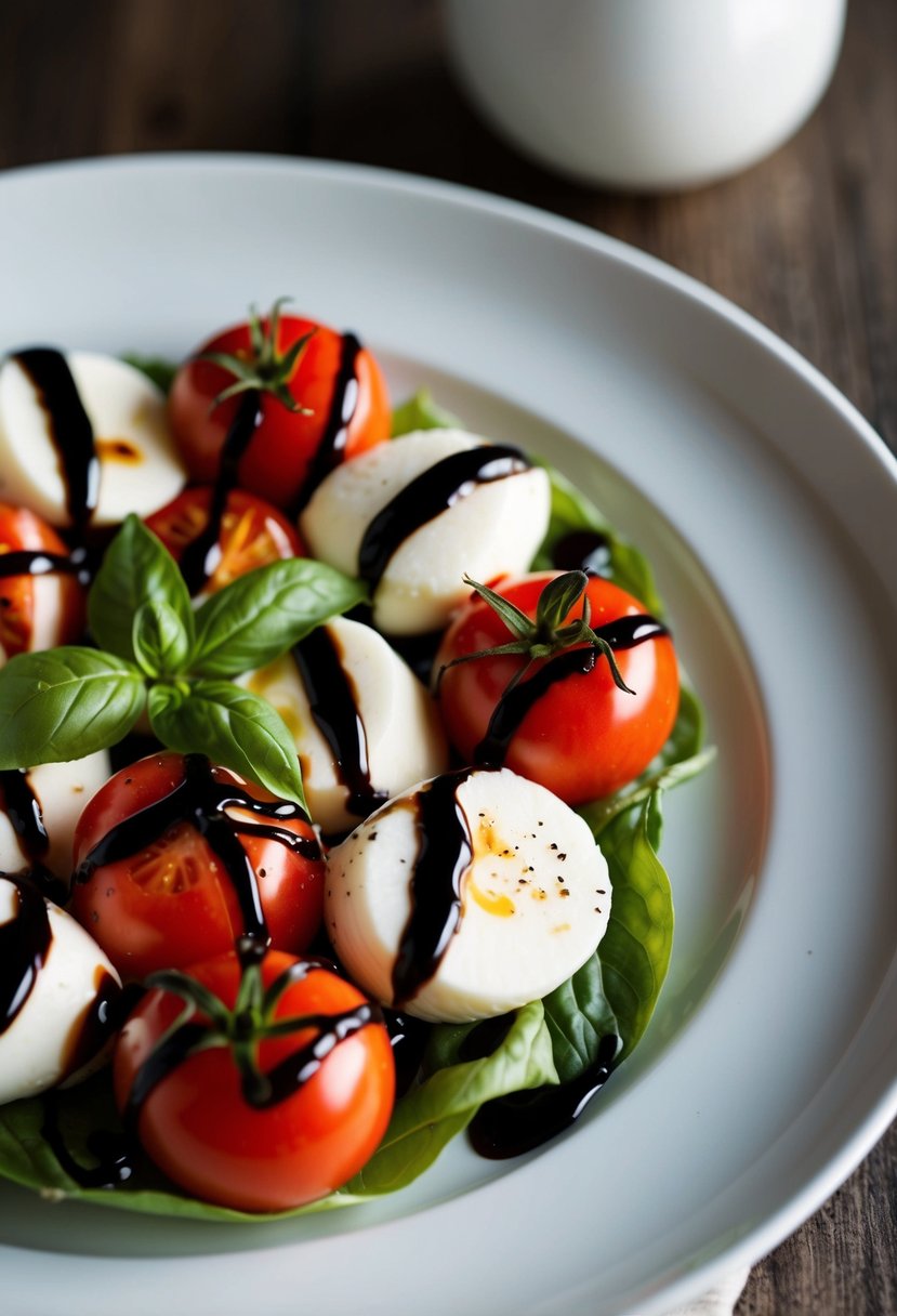 A vibrant Caprese salad with fresh tomatoes, mozzarella, and basil drizzled with balsamic glaze on a white plate