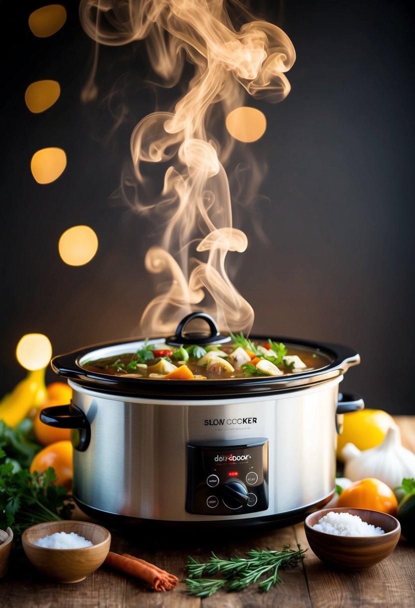 A slow cooker surrounded by fresh ingredients, with steam rising and a warm, inviting glow