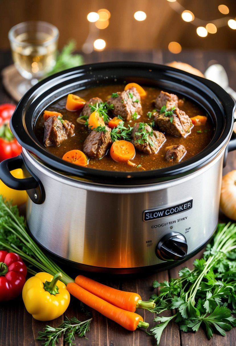 A bubbling slow cooker filled with rich, aromatic beef stew, surrounded by colorful vegetables and herbs