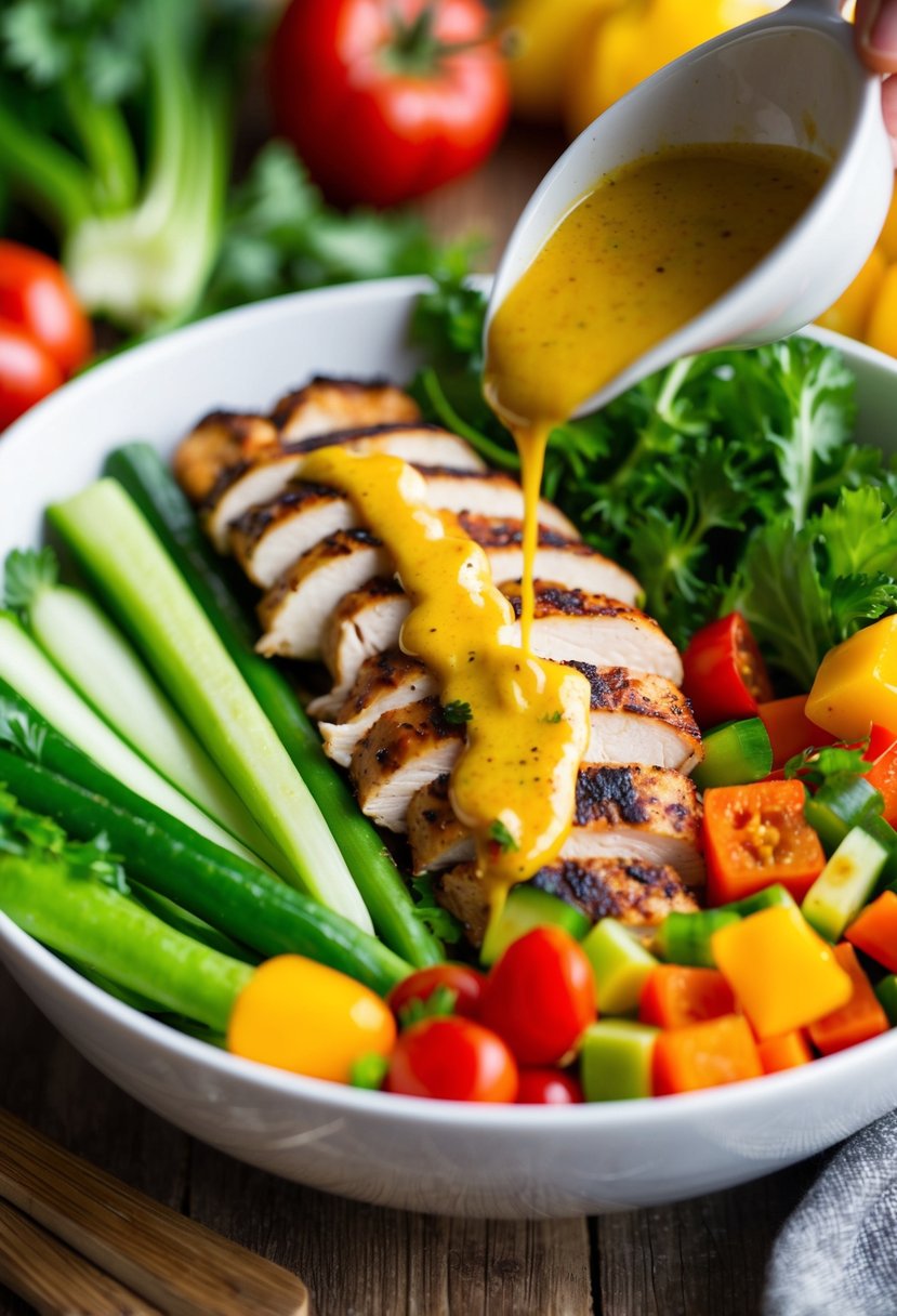 A colorful array of fresh vegetables, tender pieces of grilled chicken, and a drizzle of tangy dressing in a white ceramic bowl