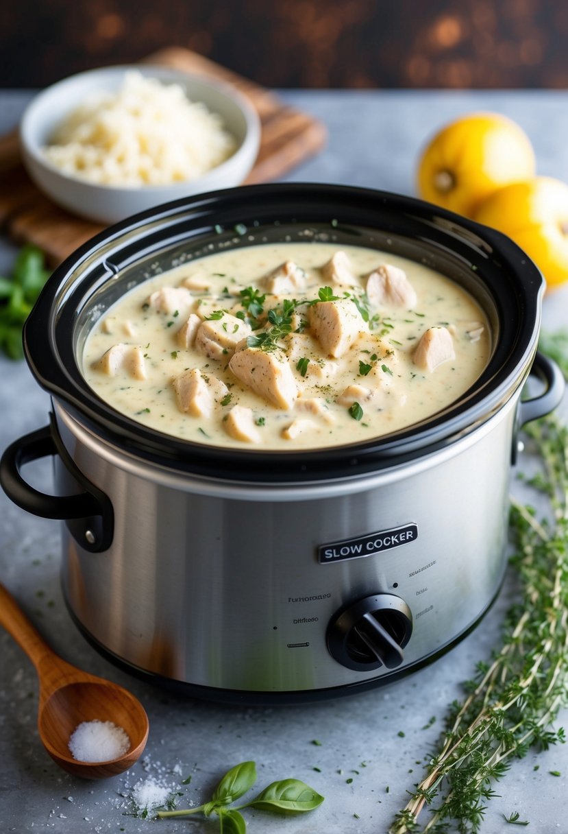 A slow cooker filled with creamy chicken Alfredo sauce simmering with herbs and spices