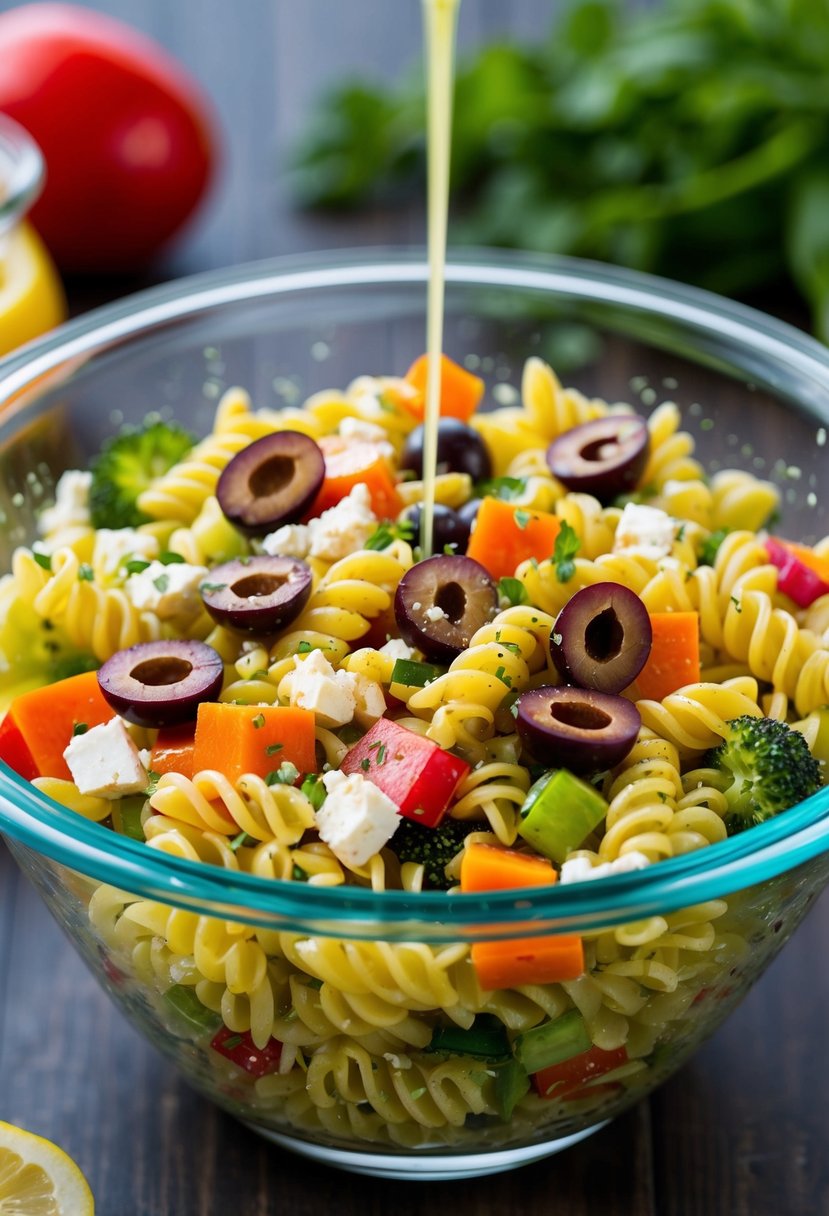 A colorful pasta salad in a glass bowl, featuring vibrant vegetables, crumbled feta, and sliced olives, drizzled with a light vinaigrette