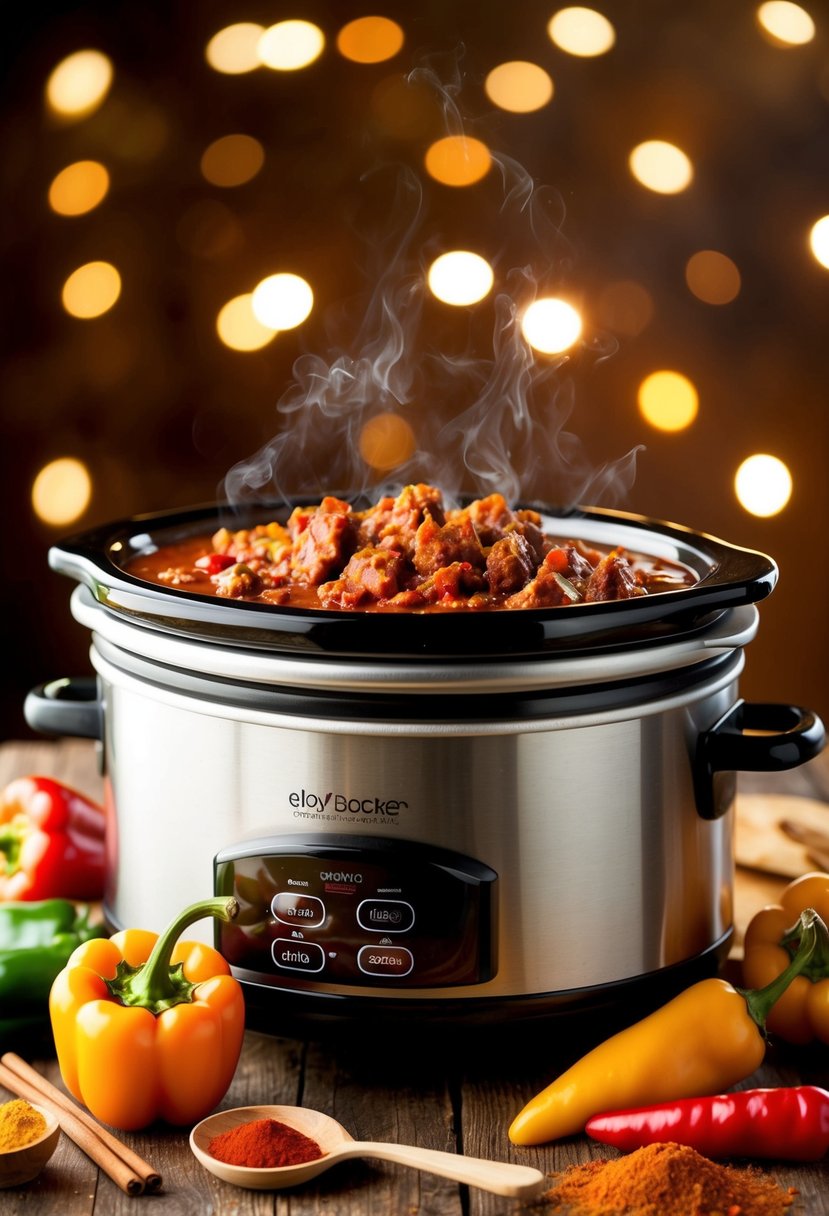 A bubbling slow cooker filled with spicy chili con carne, surrounded by vibrant chili peppers and aromatic spices