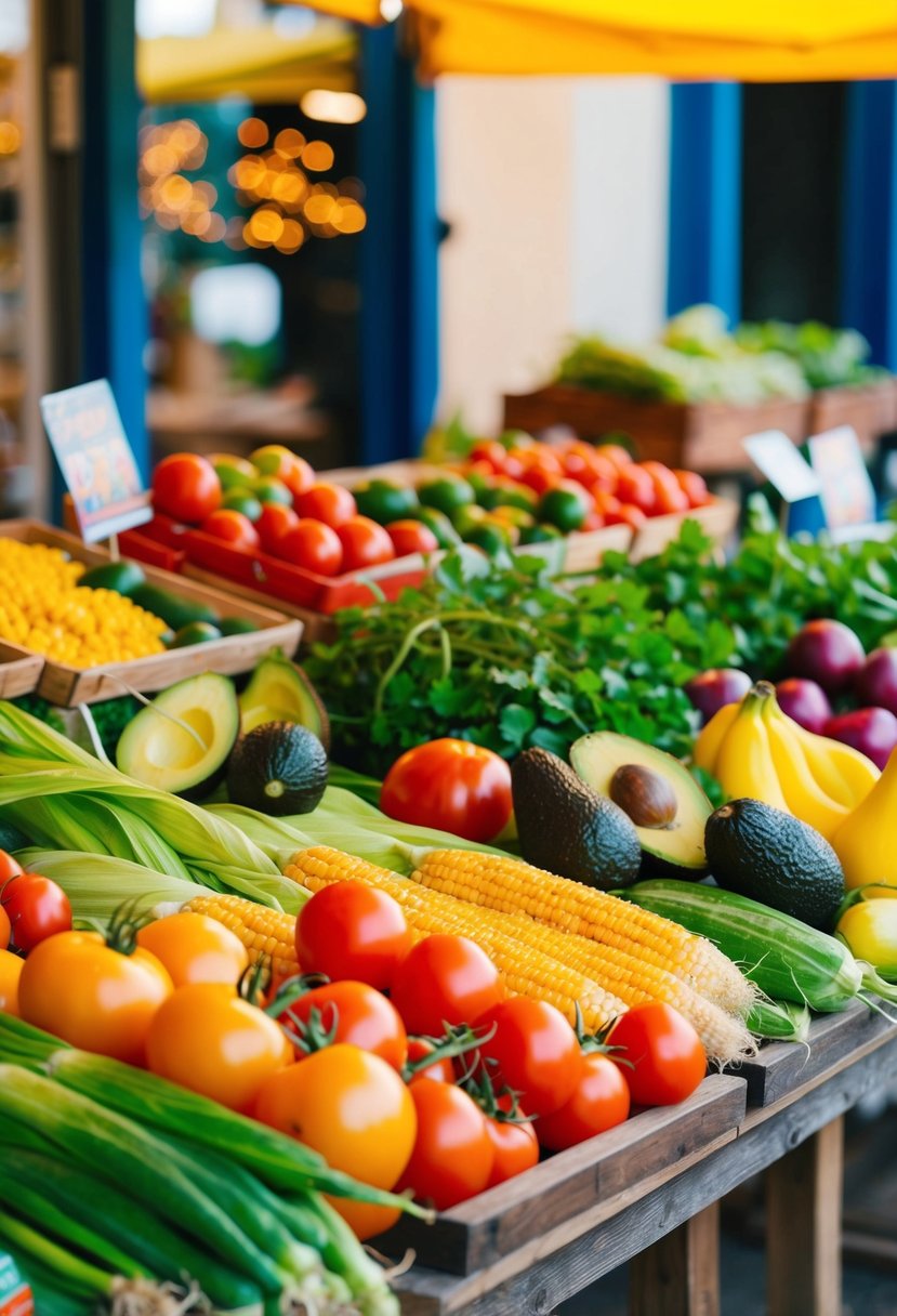 A colorful outdoor market stall with a variety of fresh vegetables and ingredients, including corn, tomatoes, and avocados, displayed on a wooden table