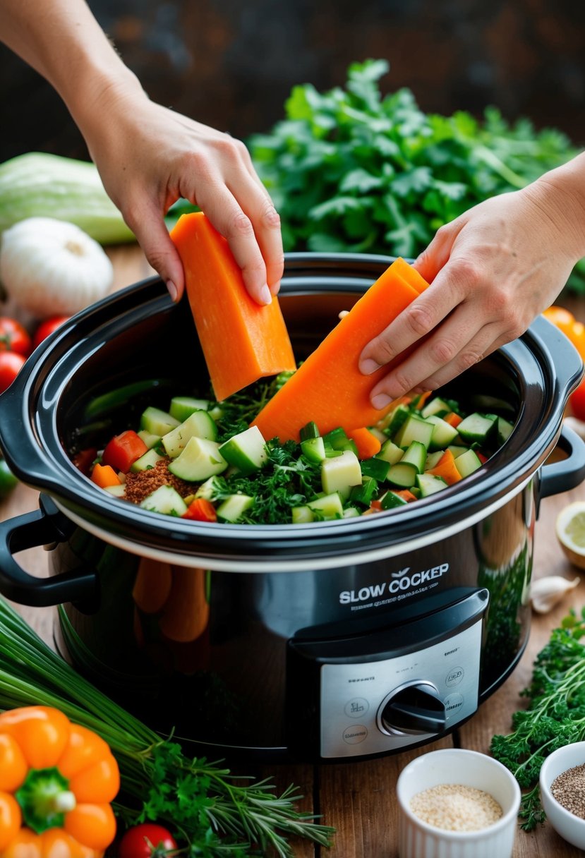 Fresh vegetables being chopped and placed into a slow cooker, surrounded by herbs and spices