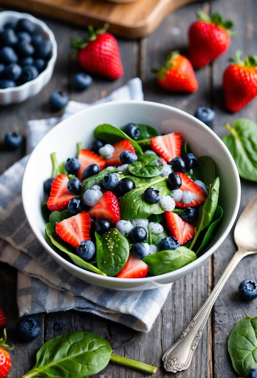 A vibrant bowl of berry spinach salad with poppy seed dressing sits on a rustic wooden table, surrounded by fresh ingredients like strawberries, blueberries, and spinach leaves