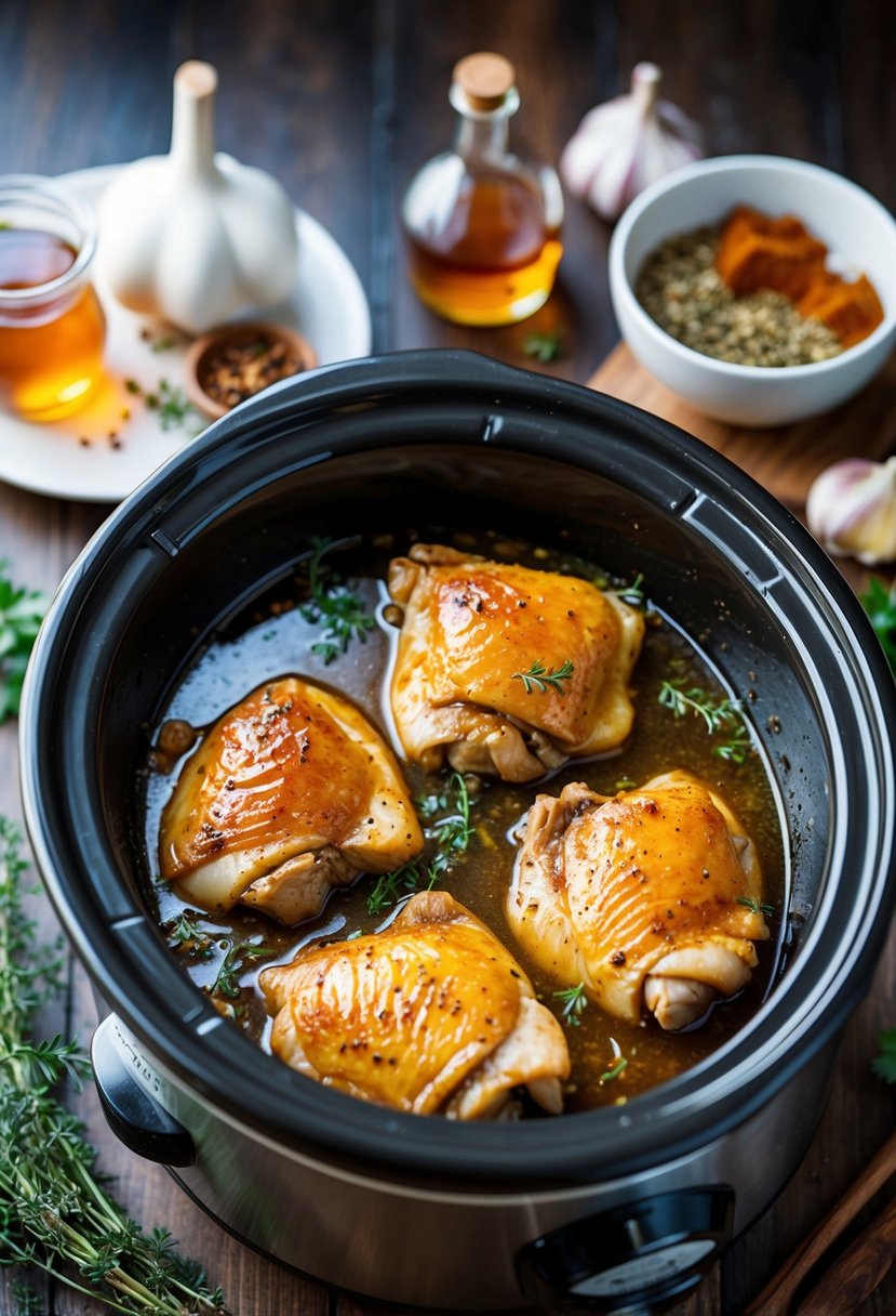 Chicken thighs simmering in a slow cooker with honey and garlic, surrounded by aromatic herbs and spices