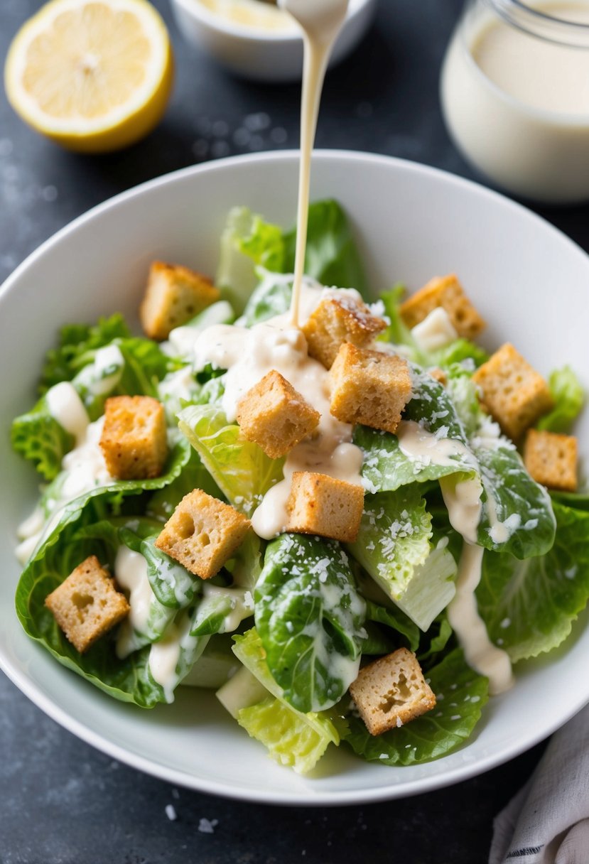 A bowl of Caesar salad with fresh romaine lettuce, grated Parmesan cheese, and homemade croutons, drizzled with creamy dressing