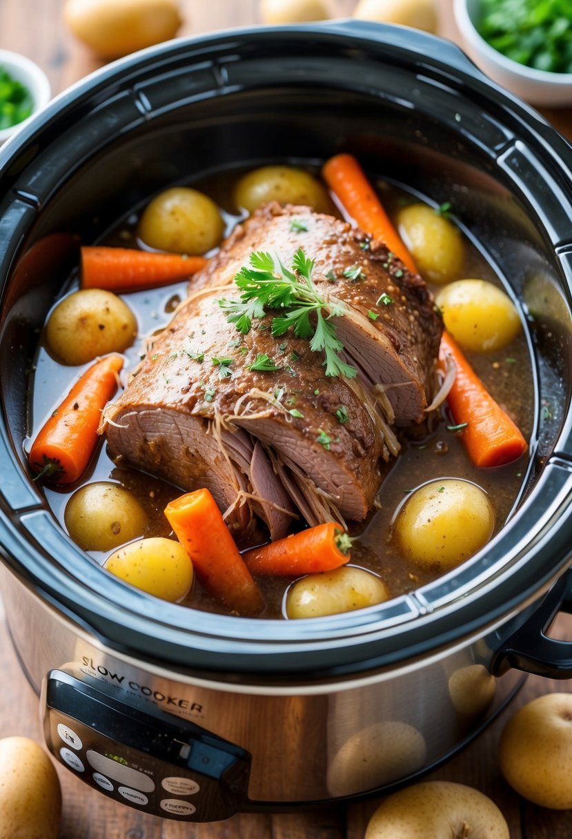 A slow cooker filled with savory pot roast, surrounded by carrots, potatoes, and onions, simmering in rich, aromatic broth