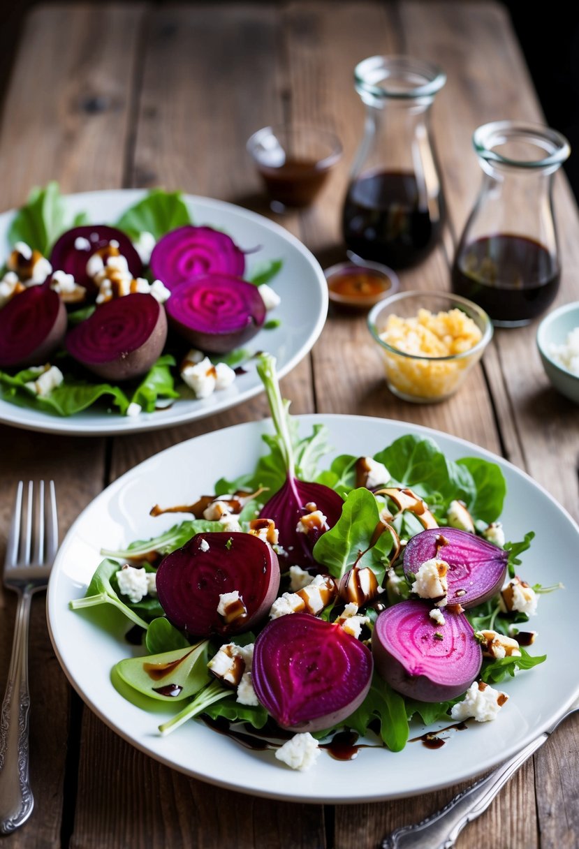 A rustic wooden table set with a vibrant assortment of roasted beets, fresh greens, and crumbled goat cheese, drizzled with balsamic vinaigrette