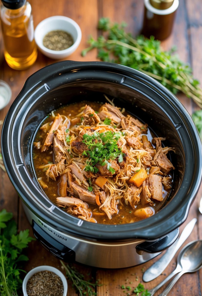 A slow cooker filled with savory pulled pork surrounded by aromatic herbs and spices