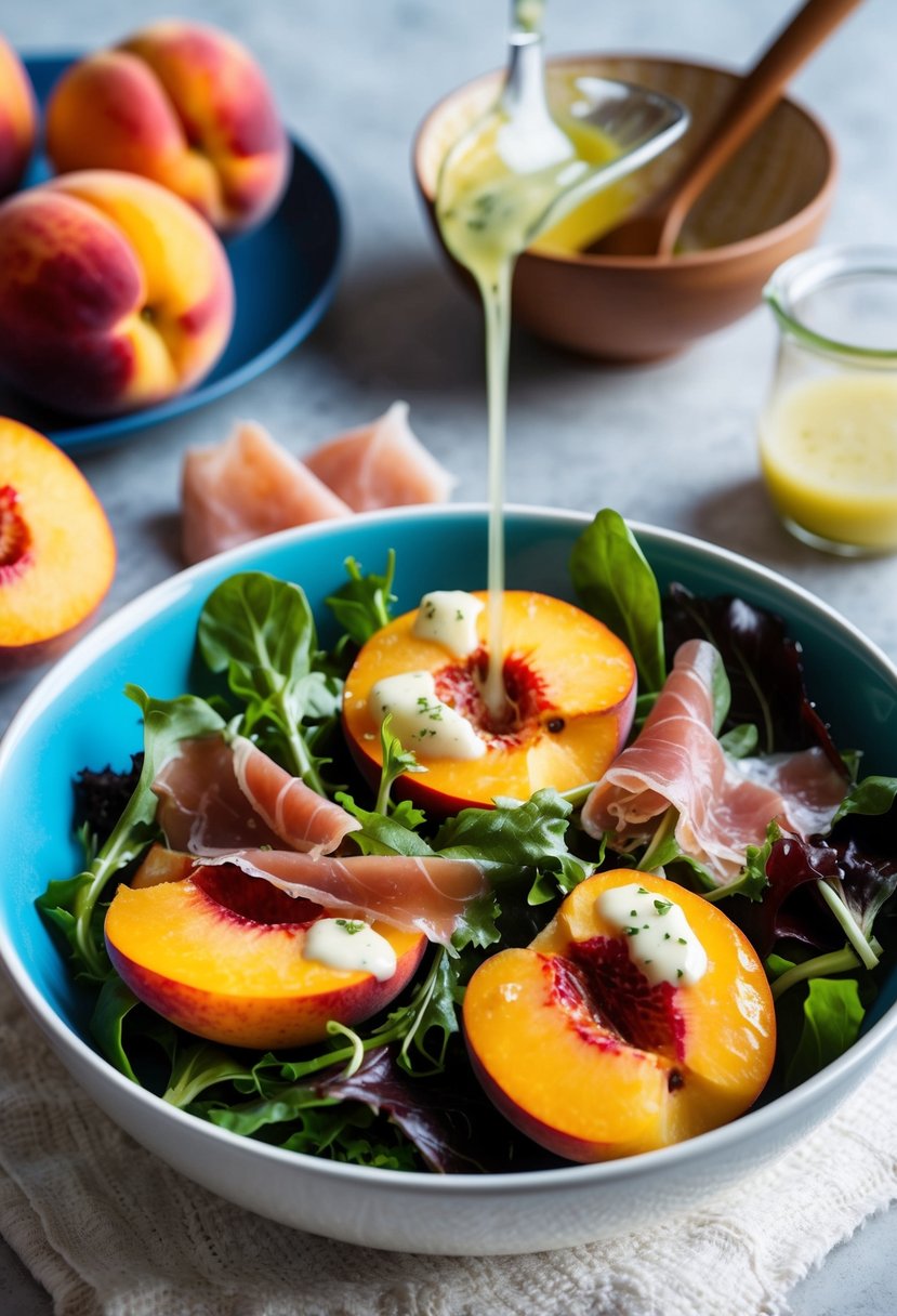 A colorful bowl filled with ripe peaches, thinly sliced prosciutto, mixed greens, and drizzled with a light vinaigrette