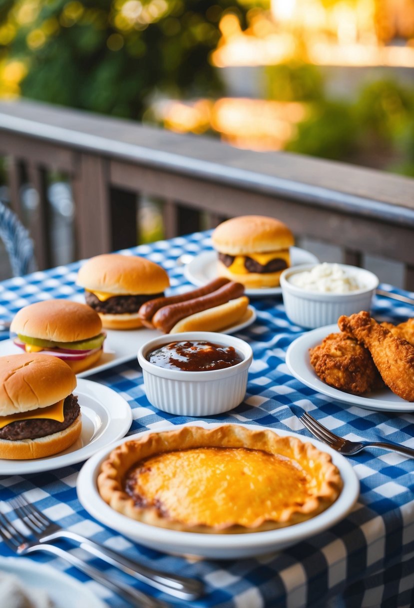 A table set with classic American dishes: burgers, hot dogs, apple pie, and fried chicken