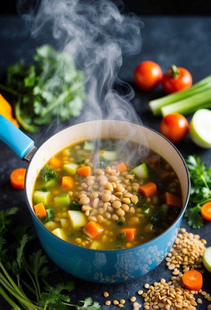 A simmering pot of vegetable lentil soup with steam rising. Chopped vegetables and lentils surround the pot