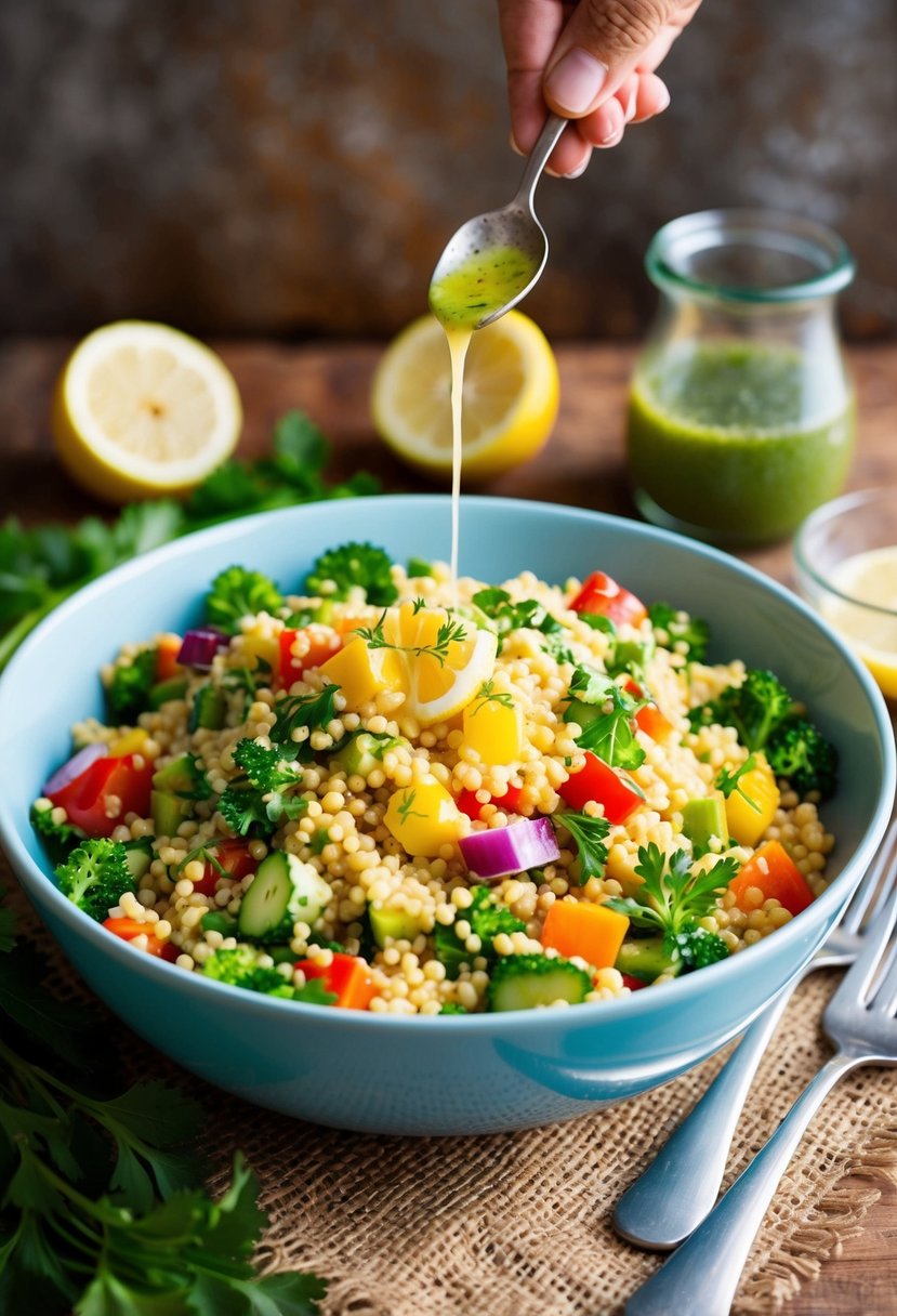 A vibrant bowl of couscous salad with colorful vegetables and a drizzle of lemon herb dressing, set against a rustic backdrop